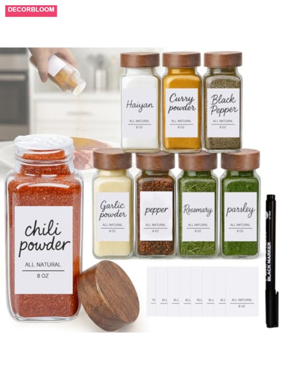 8oz 8-Pack Glass Spice Jars with Bamboo Lids, Labels & Pen for Kitchen Storage